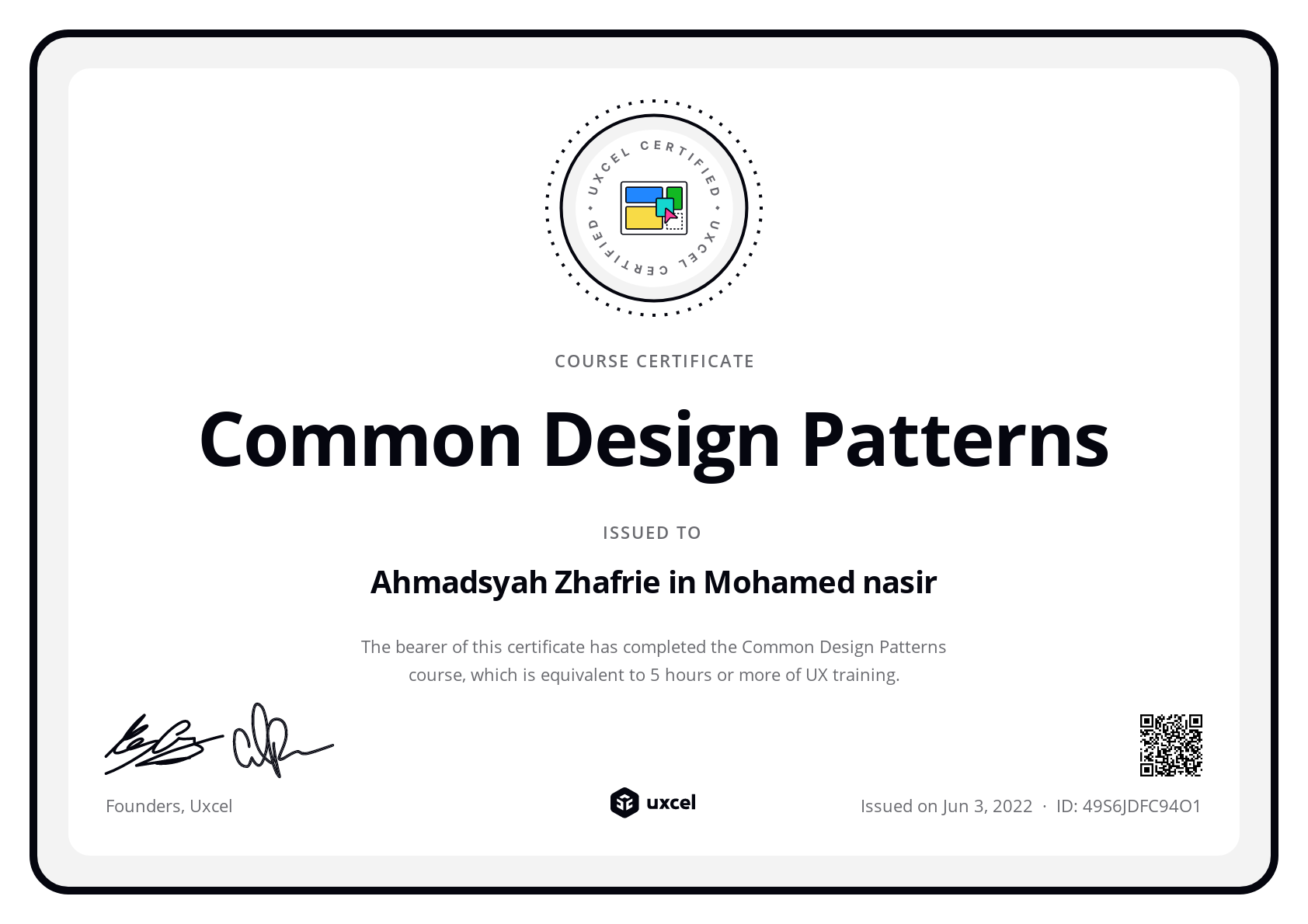 Ahmadsyah Zhafrie bin Mohamed Nasir's certificate